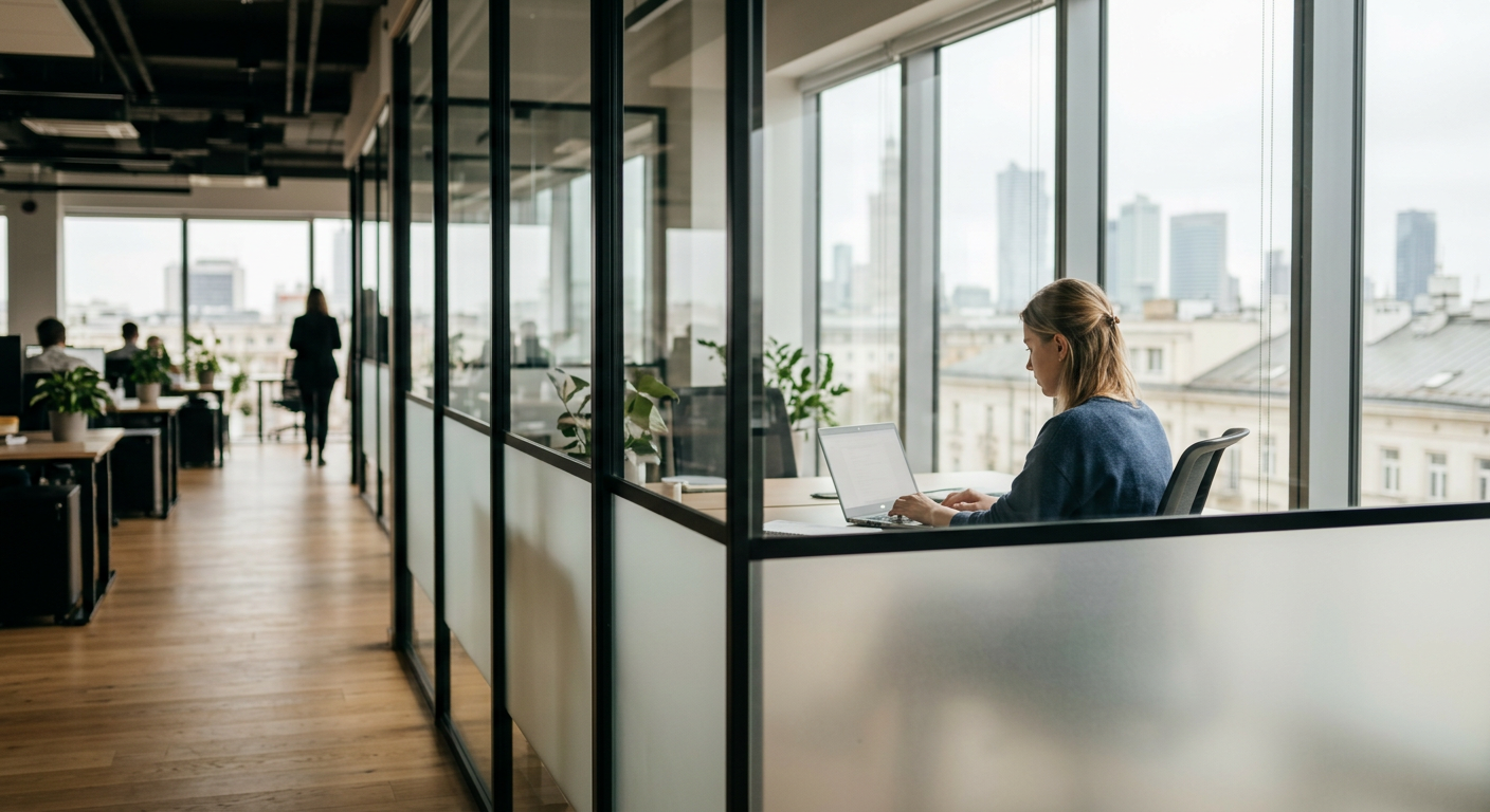 The image shows a modern office space with glass partitions, suggesting an open-plan environment with elements of privacy.