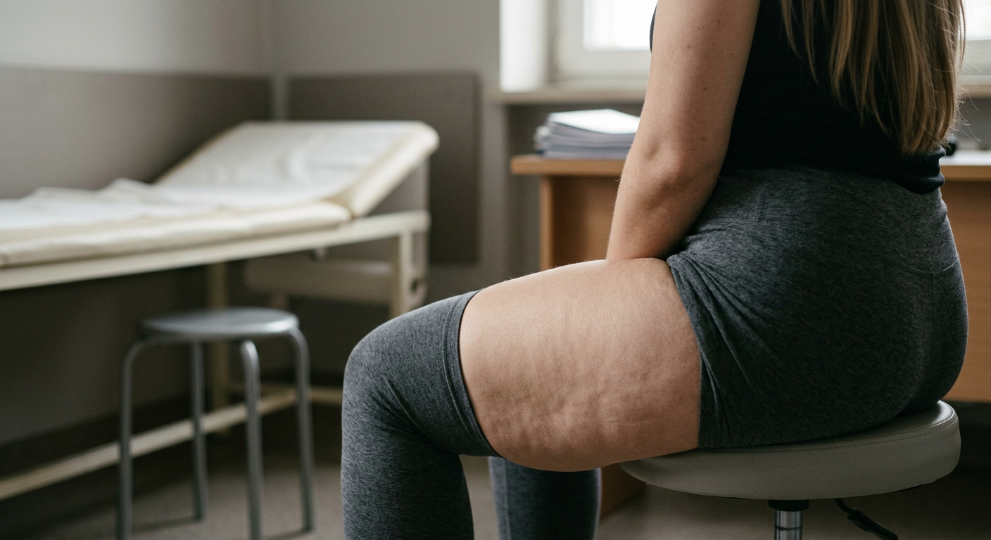 A close-up of a woman's thigh with visible cellulite, suggesting a common body concern.