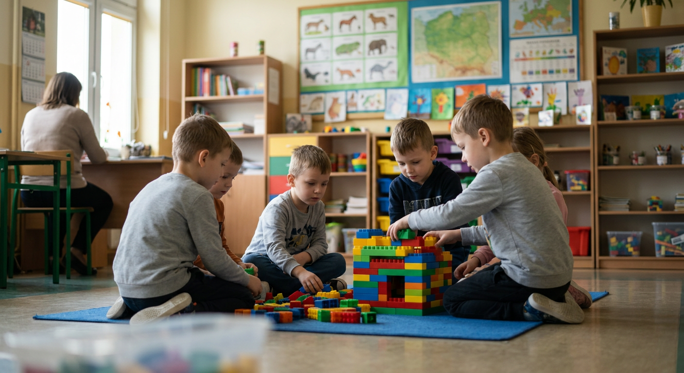 A group of diverse children are happily engaged in various playful learning activities in a bright, colorful classroom setting.