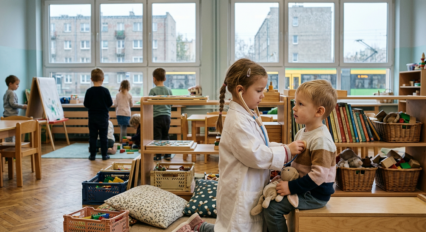 A group of diverse children are happily engaged in various playful learning activities in a bright, colorful classroom setting.