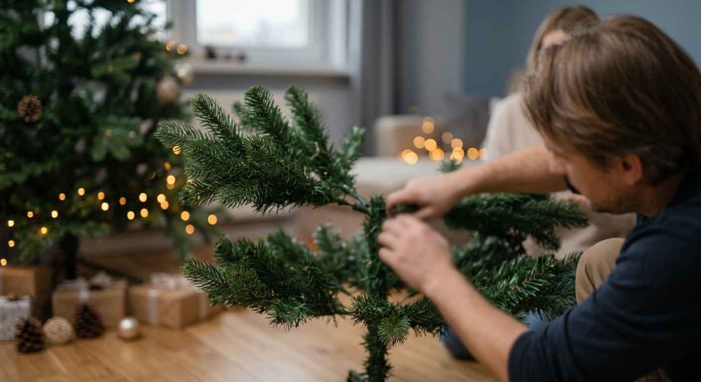 A close-up shot of a realistic artificial Christmas tree branch with green needles and a few small, unadorned pinecones.