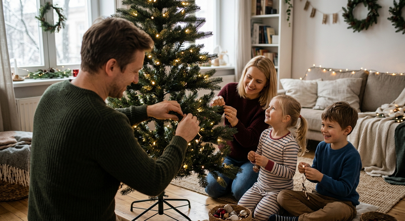 A close-up shot of a realistic artificial Christmas tree branch with pinecones and snow, suggesting a cozy winter holiday atmosphere.
