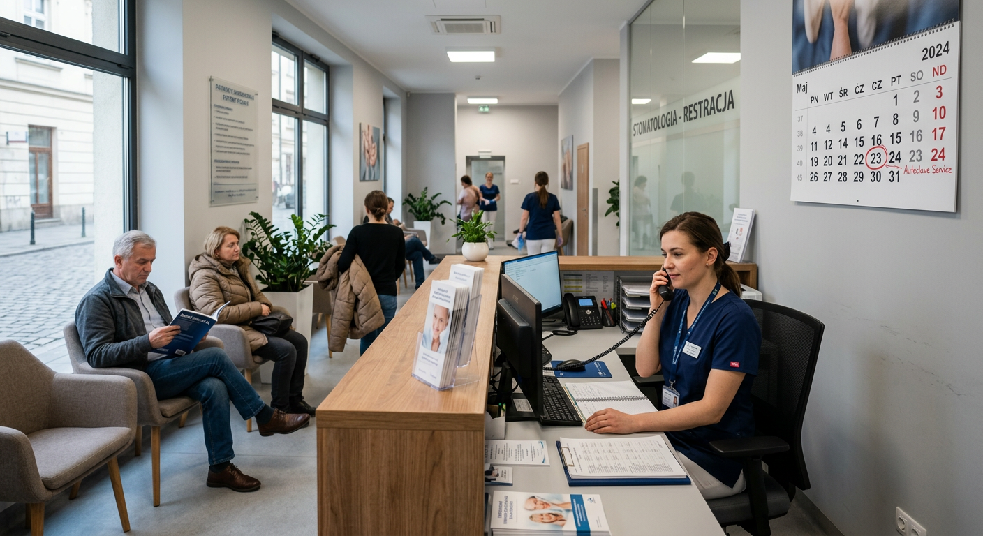 Szerokie ujęcie ruchliwej recepcji gabinetu stomatologicznego, z kalendarzem na ścianie wyraźnie pokazującym zakreśloną datę 'Serwis Autoklawu'. Pacjenci siedzą, a recepcjonistka rozmawia przez telefon, co sugeruje płynne i dobrze zorganizowane działanie. Ogólna atmosfera jest profesjonalna i uspokajająca.