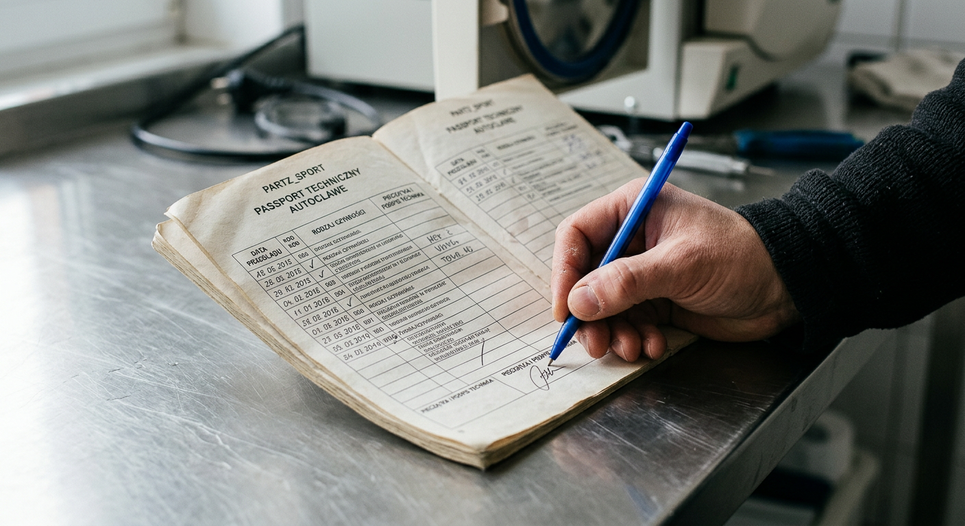Zbliżenie, fotorealistyczny obraz ręki technika trzymającej długopis, podpisującej dokument 'Paszport Techniczny' autoklawu. Dokument jest otwarty na czystej, metalowej powierzchni, pokazując pola na daty, podpisy i szczegóły serwisu. Tło jest lekko rozmyte, skupiając się na akcie dokumentacji.