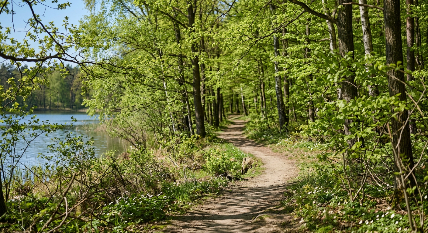 A serene landscape featuring a lake surrounded by lush green trees under a bright sky, with a small boat gently floating on the water.