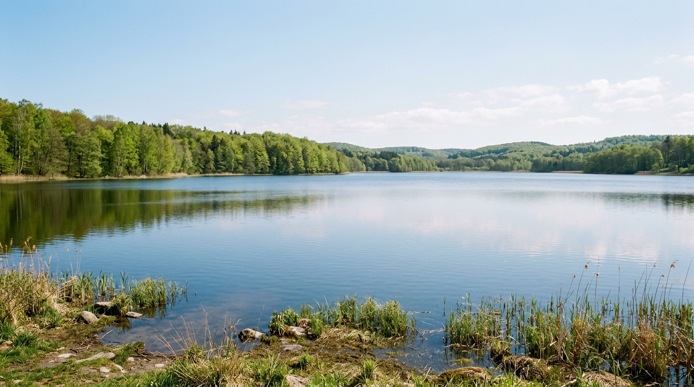 A serene landscape featuring a lake surrounded by trees with a small boat on the water, under a bright sky.
