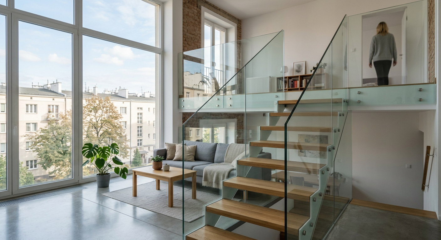 The image displays a modern interior with a minimalist glass balustrade, showcasing its sleek design and integration into the space.