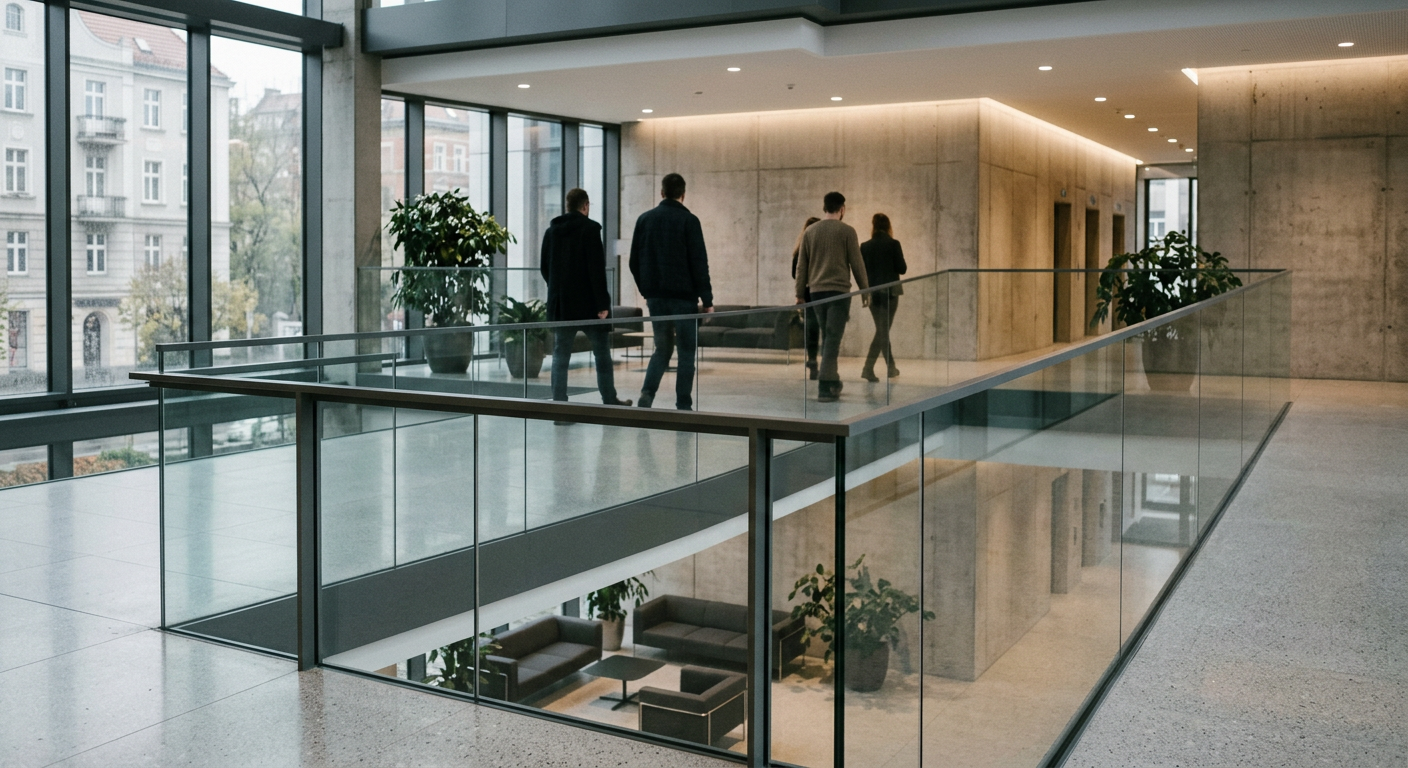 The image displays a modern interior with a minimalist glass balustrade, showcasing its sleek design and integration into the space.
