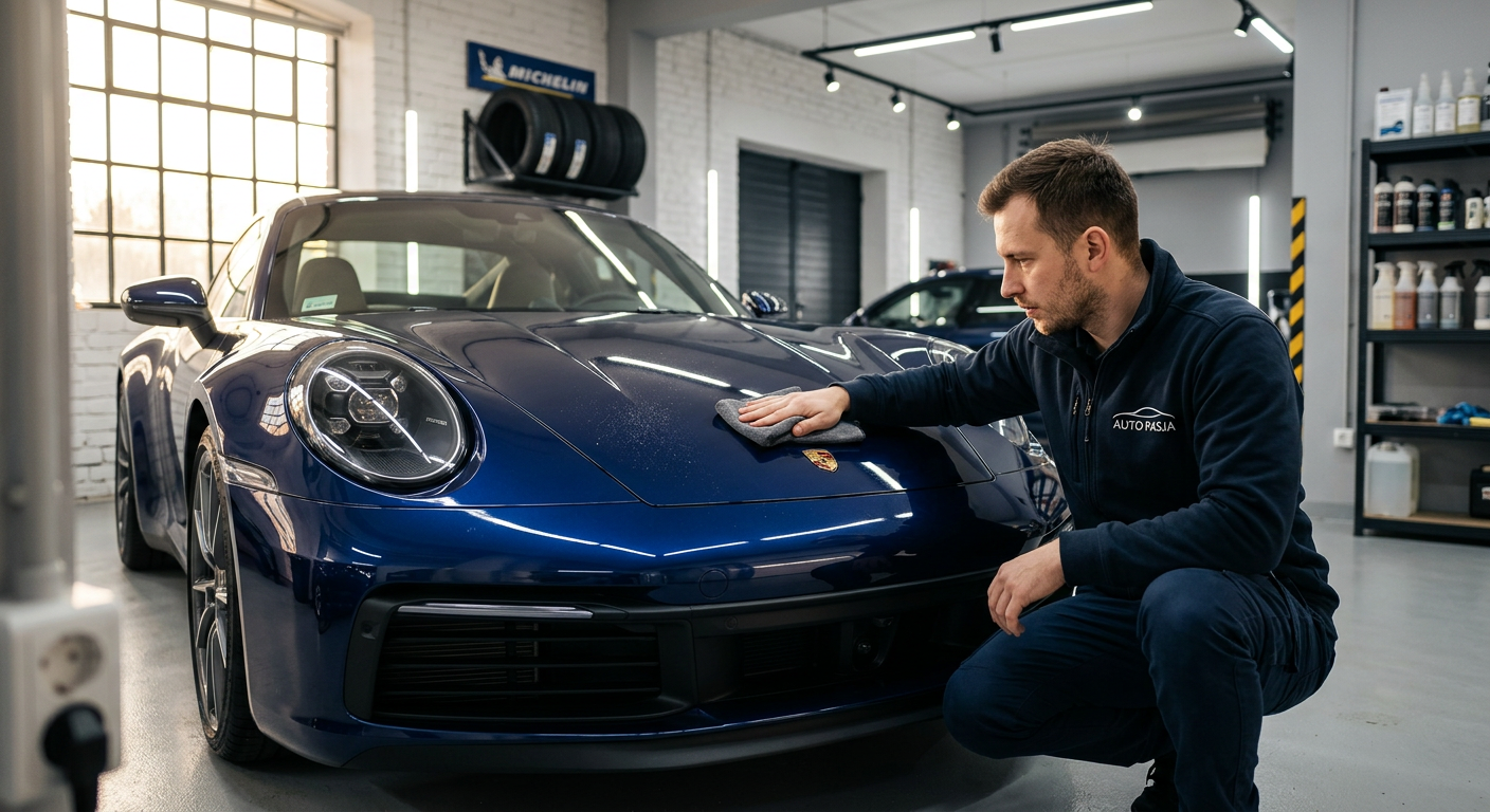 Nienaganny, ciemny samochód sportowy zaparkowany w dobrze oświetlonym studiu auto detailingowym. Przód samochodu, w tym maska, zderzak i reflektory, lśni pod światłami, co wskazuje na niedawno nałożoną folię PPF. Detailer w czystym uniformie stoi obok samochodu, z skupioną miną oceniając wykończenie.