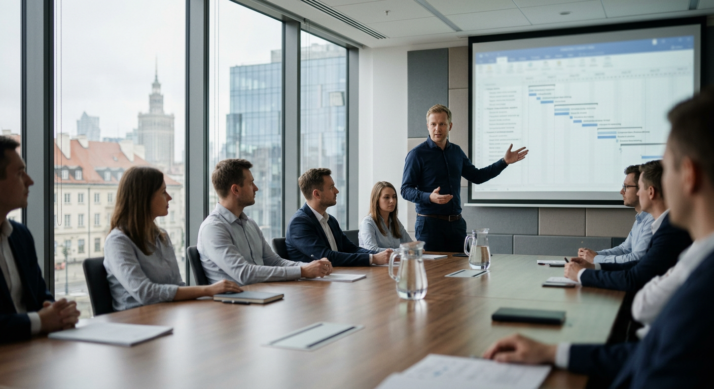 A diverse group of professionals is engaged in a collaborative discussion around a modern conference table, with one woman presenting to the group.