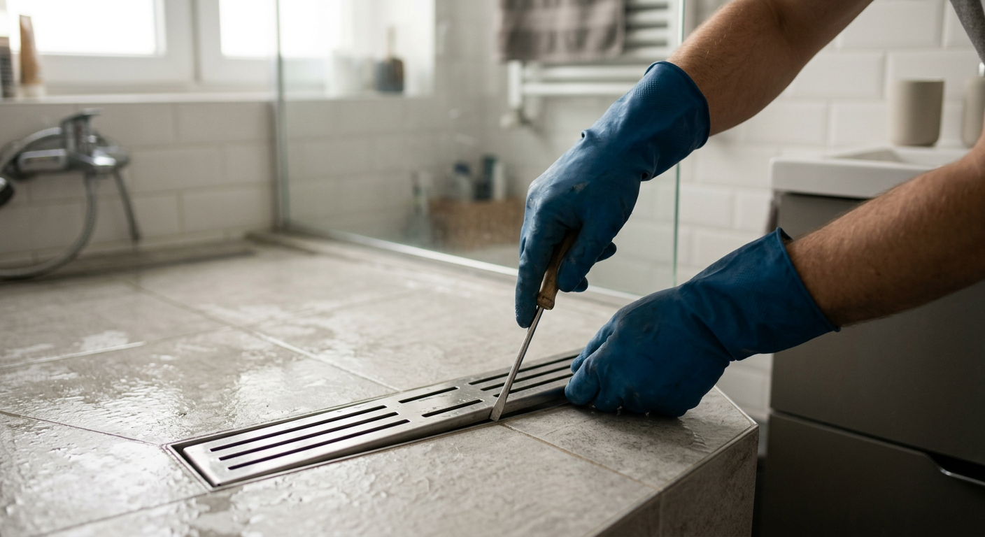 A person is cleaning a modern bathroom with a shower and a linear drain, using cleaning supplies.