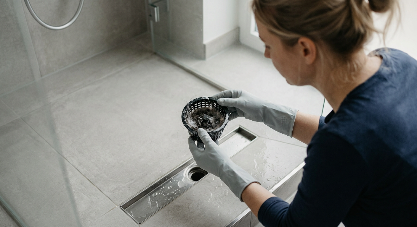 A close-up shot shows a modern bathroom with a tiled floor and a sleek linear drain, partially obscured by water droplets.