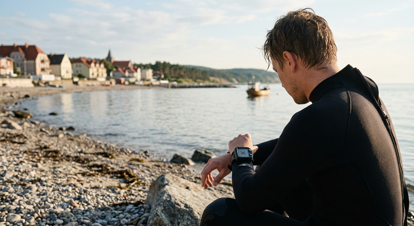 The image shows a person in diving gear, possibly a wetsuit and mask, looking out at a calm, clear blue ocean with a sunny sky, suggesting a post-dive scenario.