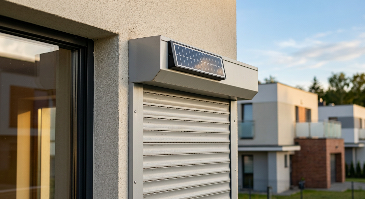 Zbliżenie na zasilaną energią słoneczną roletę fasadową zamontowaną na zewnątrz współczesnego domu. Roleta jest jasnego koloru, prawdopodobnie biała lub srebrna, z małym, dyskretnym panelem słonecznym widocznym na jej górnej obudowie. Zewnętrzna część domu wykonana jest z jasnego tynku, a w tle widać czyste błękitne niebo.