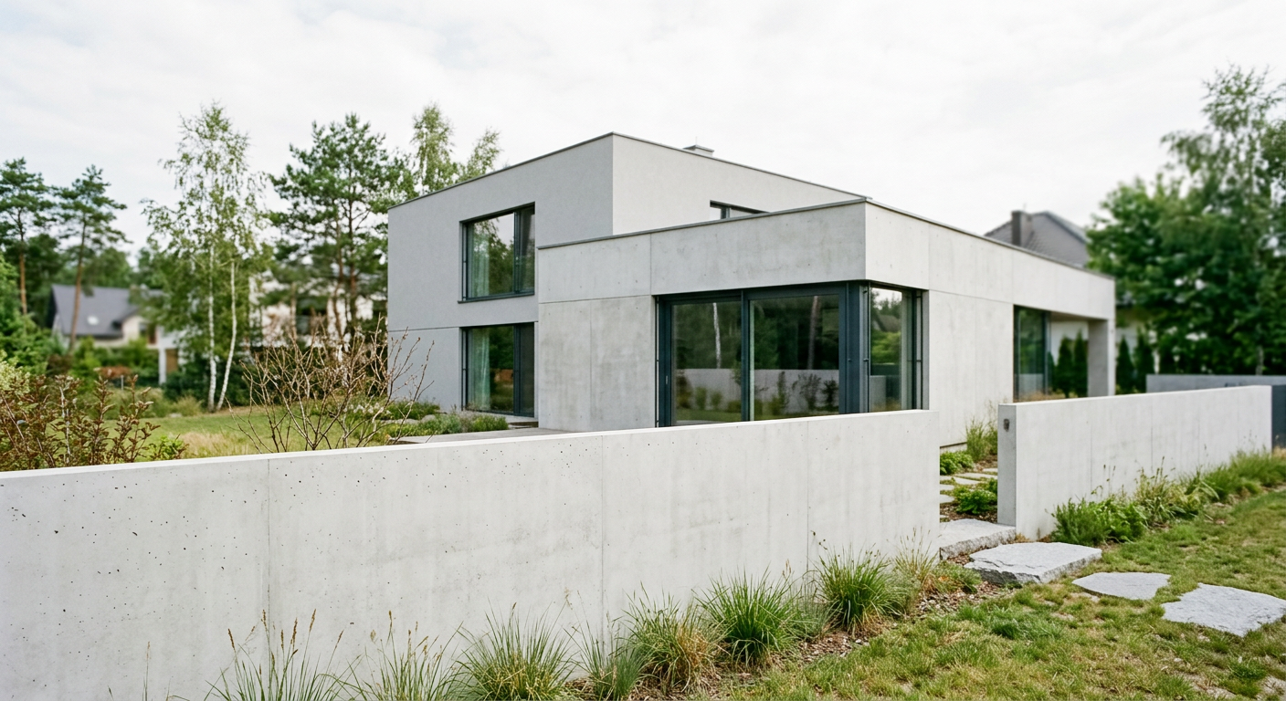 The image displays a&nbsp;modern house with a&nbsp;concrete fence, showcasing a&nbsp;contemporary architectural style.