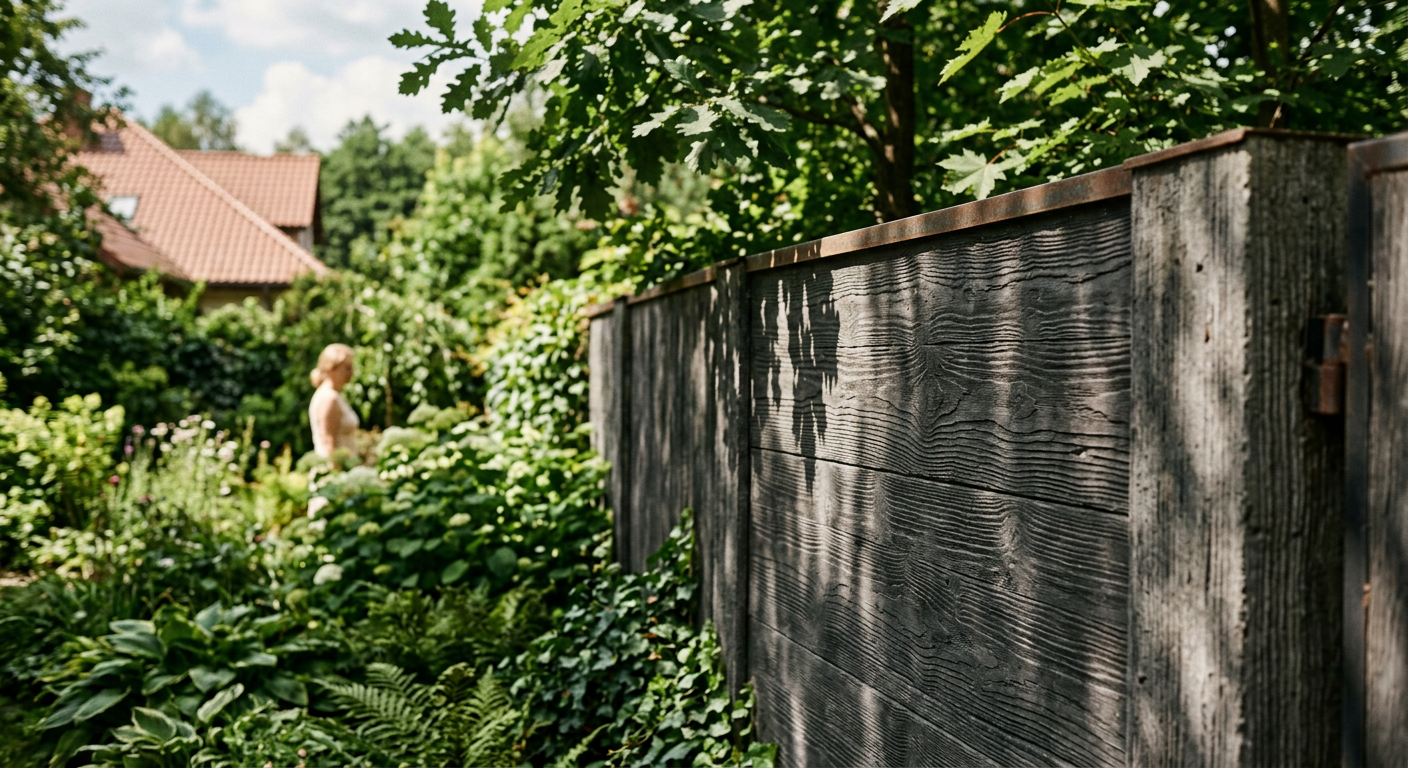 The image shows a&nbsp;modern house with a&nbsp;concrete fence, blending well with the architectural style.