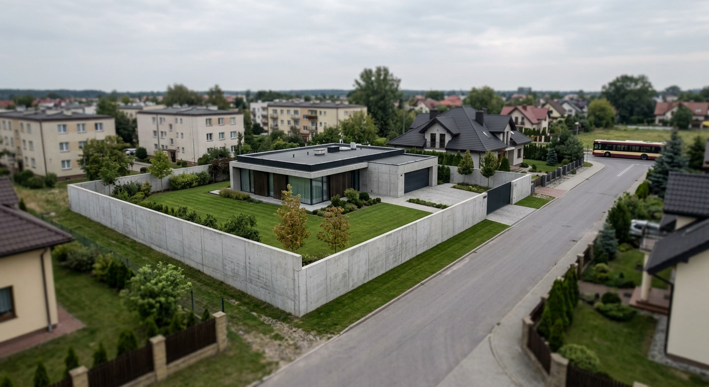 The image displays a&nbsp;modern house with a&nbsp;concrete fence, showcasing a&nbsp;contemporary architectural style.