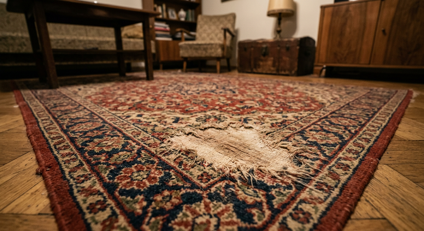 A close-up shot of a person's hand applying a cleaning solution to a stained carpet, with a blurred background suggesting a domestic setting.