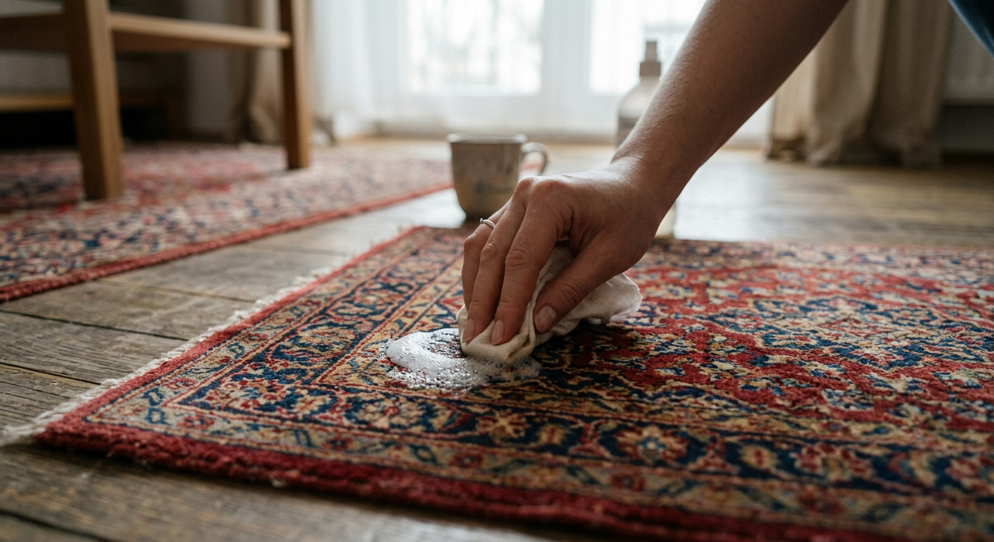 A close-up shot of a person's hand applying a cleaning solution to a stained, light-colored carpet, with a spray bottle visible in the background.