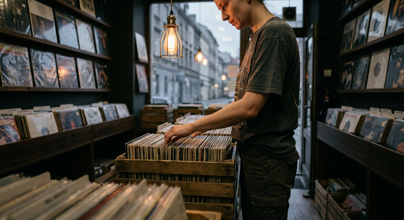 The image shows a close-up of a hand browsing through a collection of vinyl records in a warm, inviting setting, likely an antique shop or record store.
