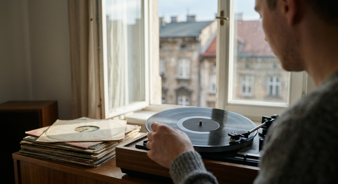 The image shows a close-up of various vinyl records stacked and displayed, with a warm, inviting atmosphere suggesting an antique or record store.