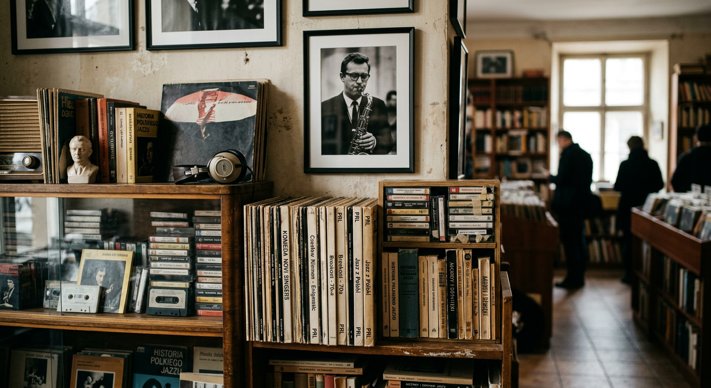 The image shows a close-up of a hand browsing through a collection of vinyl records in a warm, inviting setting, likely an antique shop or record store.