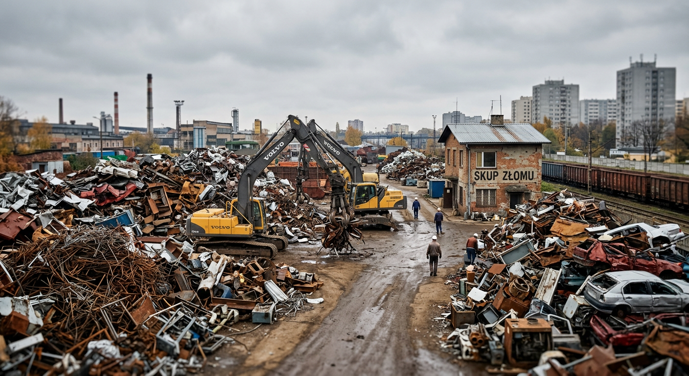 The image displays a large pile of various metal scraps, including twisted rebar and other industrial waste, under a clear sky.