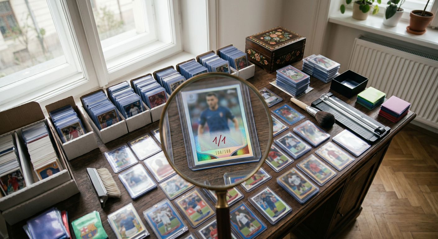 A close-up shot shows a hand holding a rare, shiny football trading card with intricate details and a player's image.