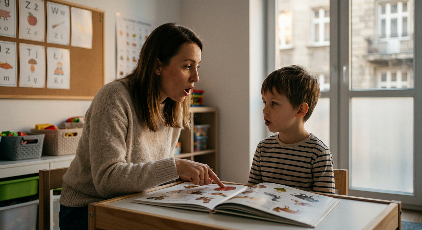 Logopeda siedzi przy małym, dziecięcym stoliku z małym chłopcem, oboje patrzą na kolorową książkę obrazkową. Terapeuta wskazuje na obrazek i wymawia słowo, podczas gdy chłopiec próbuje je powtórzyć. Pokój jest udekorowany plakatami edukacyjnymi i utrzymany w łagodnych kolorach, co sugeruje spokojne i wspierające środowisko.
