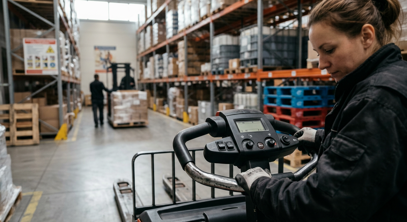 A modern warehouse interior with a yellow electric pallet jack lifting a stack of boxes, demonstrating efficiency.