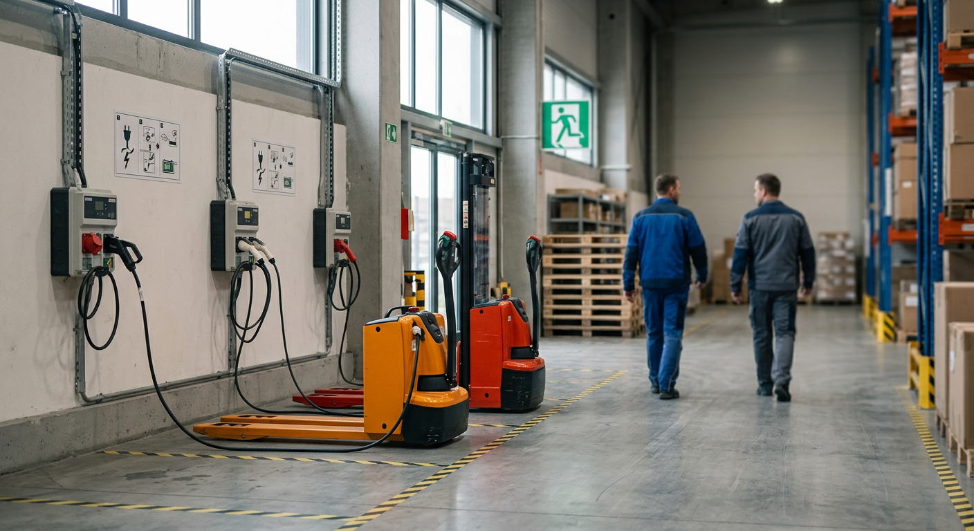 A modern warehouse interior with a yellow electric pallet jack lifting a stack of boxes, demonstrating efficiency.