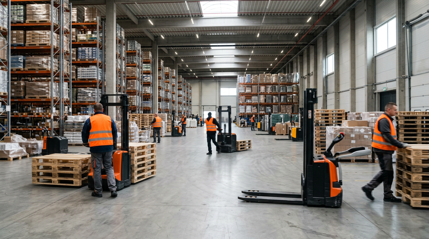 A modern warehouse interior with a yellow electric pallet truck lifting a pallet of boxes, surrounded by tall shelves filled with inventory.