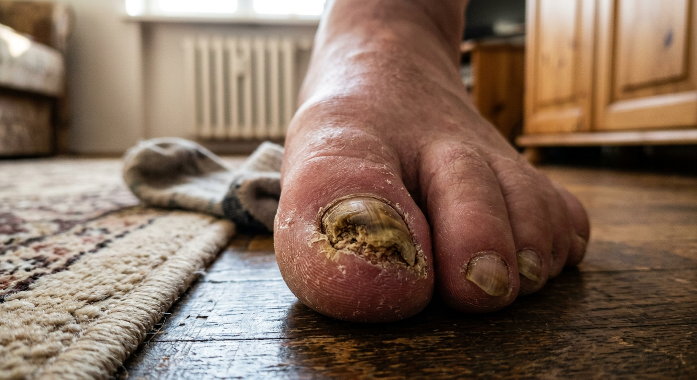 Zbliżenie na ludzki paznokieć u stopy poważnie dotknięty grzybicą, pogrubiony, z żółtymi i brązowymi przebarwieniami, wyglądający na kruchy i łamliwy. Skóra wokół jest lekko zaczerwieniona i sucha.