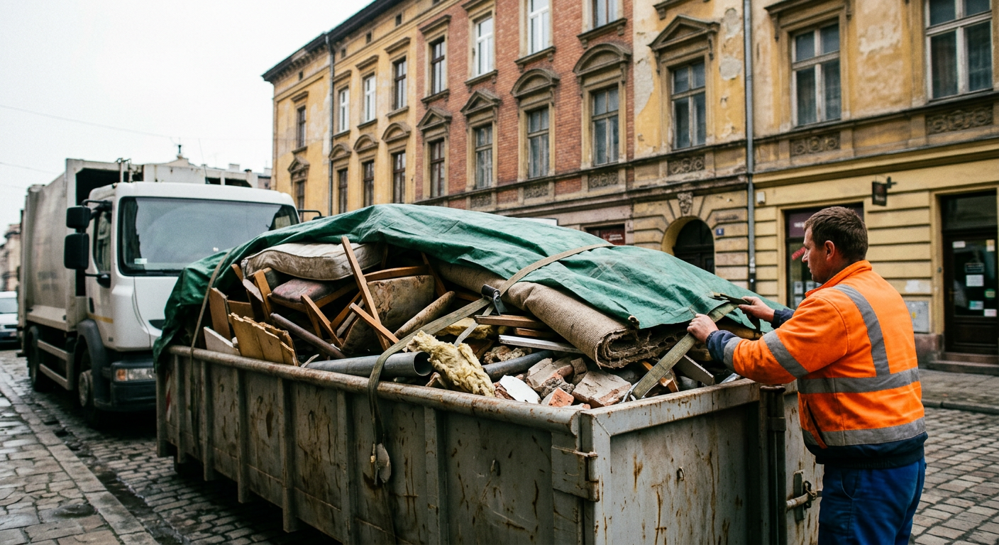 A person is shown carrying a large, old wooden cabinet down a set of stairs, suggesting the removal of furniture from a basement or attic.