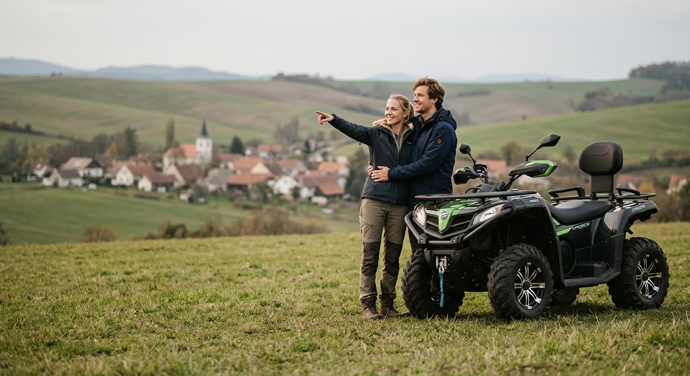 A CFMOTO quad is parked on a dirt trail in a forest, ready for adventure.