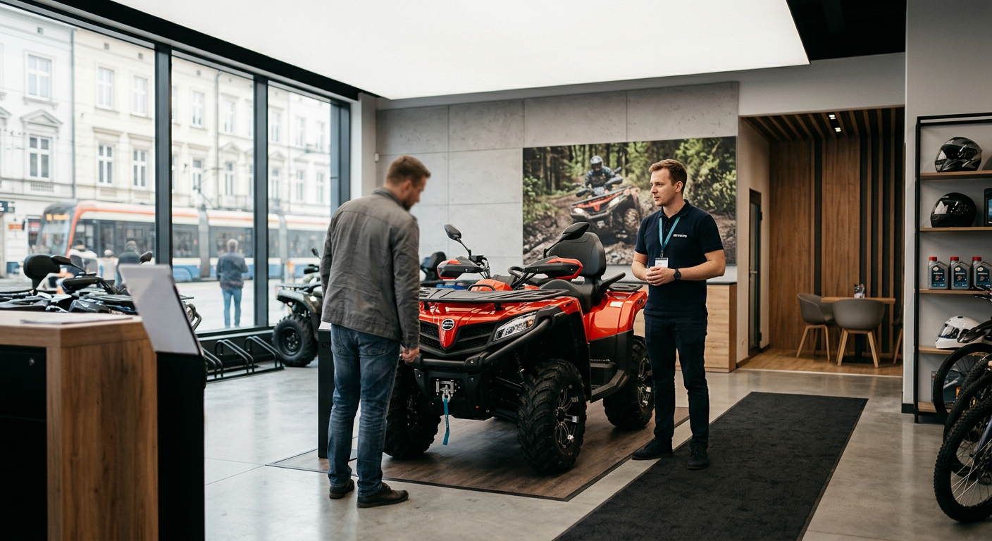 A CFMOTO quad is parked on a dirt track in a forest, with sunlight filtering through the trees.