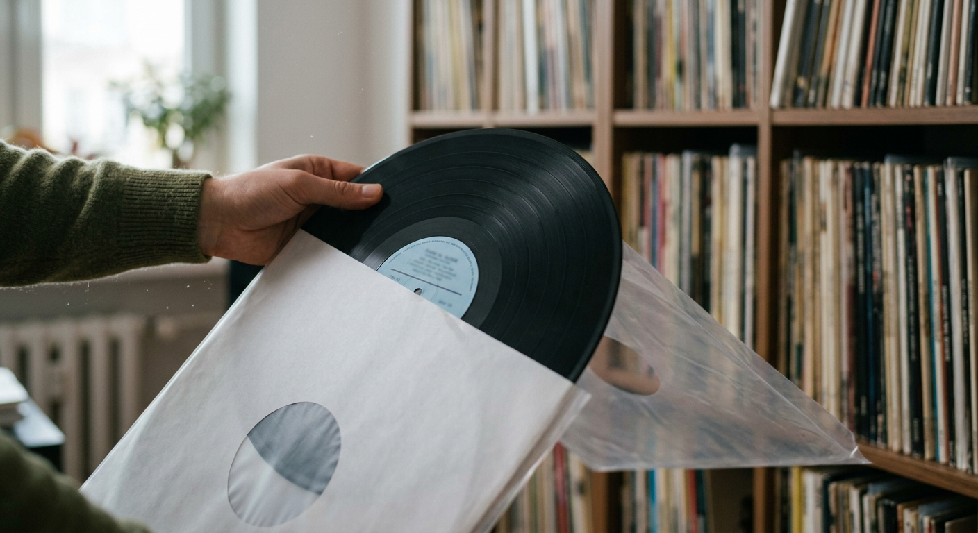A close-up shot of a person carefully placing a vinyl record into a protective sleeve, with other records visible in the background.