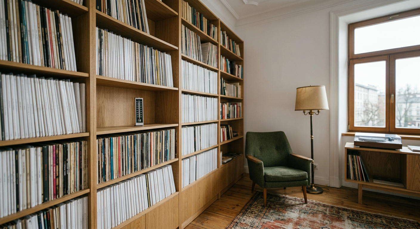 A person is carefully placing a vinyl record into a protective sleeve, surrounded by a collection of records on shelves.