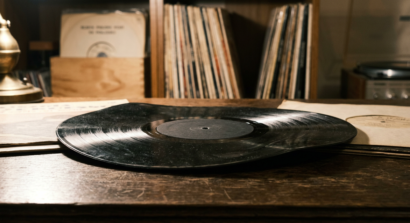 A person is carefully placing a vinyl record into a protective sleeve, surrounded by a collection of records on shelves.