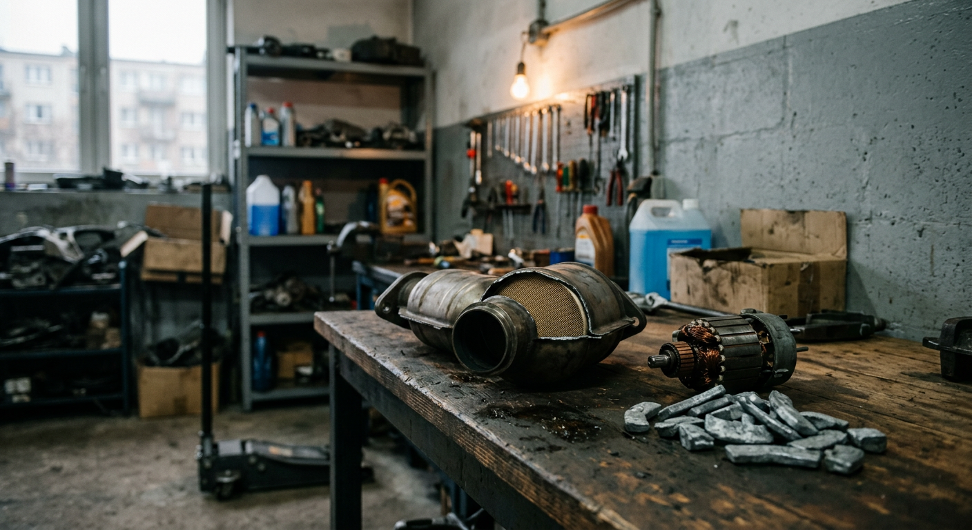 The image displays various metal scraps, including copper wires, pipes, and other metallic objects, suggesting materials suitable for recycling.
