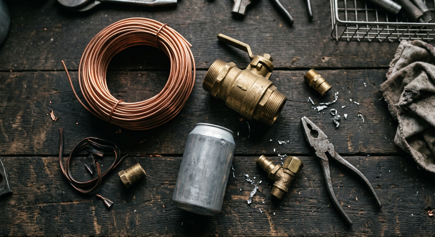 The image shows a close-up of various shiny metal scraps, including wires and pipes, suggesting materials that could be recycled.