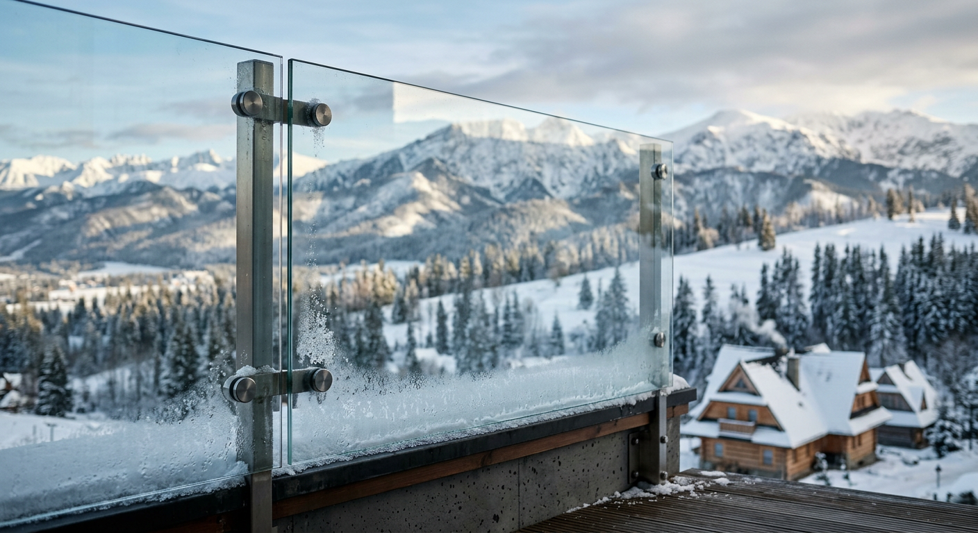 A close-up shot of a glass pane with frost patterns on one side and subtle heat distortion on the other, illustrating the effects of extreme temperatures.