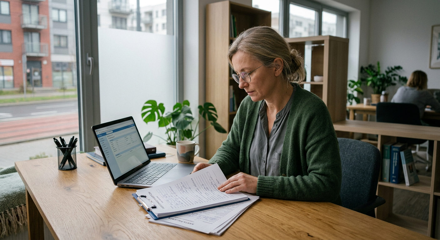 A person is shown in a thoughtful pose, holding their head, with a blurred background of medical or psychological consultation.