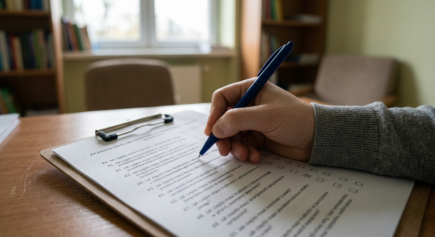A young woman with a thoughtful expression is sitting at a desk, looking at a laptop, with a notebook and pen nearby, suggesting a process of learning or assessment.