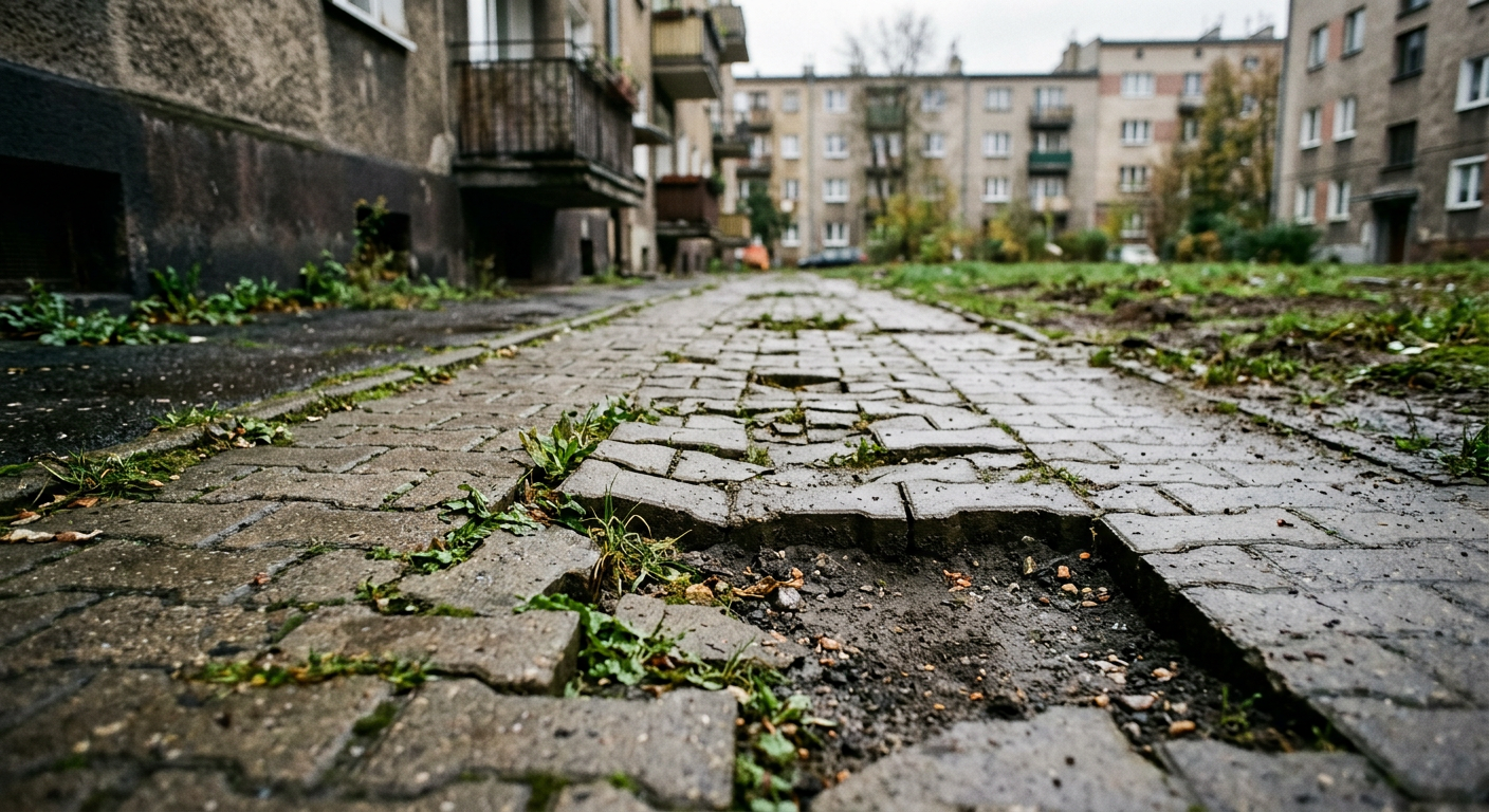 The image shows a close-up of uneven, sunken paving stones on a driveway, with some weeds growing between the cracks.