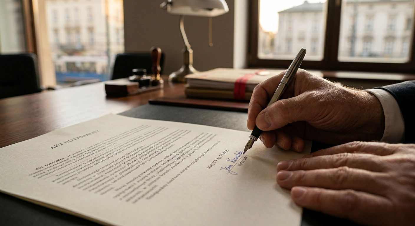 Zbliżenie na dłonie notariusza, który prowadzi długopis do podpisania dokumentu prawnego, z rozmytym tłem formalnego biura. Dokument jest otwarty na ciemnym drewnianym biurku, pokazując tekst prawny i miejsca na podpisy.
