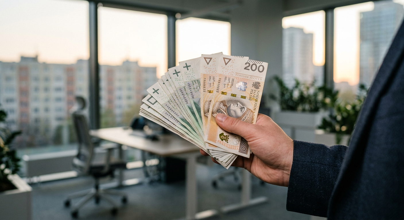 Pojedyncza dłoń trzyma stos banknotów, lekko je rozkładając, na rozmytym tle nowoczesnego, minimalistycznego biura. Ostrość jest na pieniądzach, symbolizujących zysk finansowy.