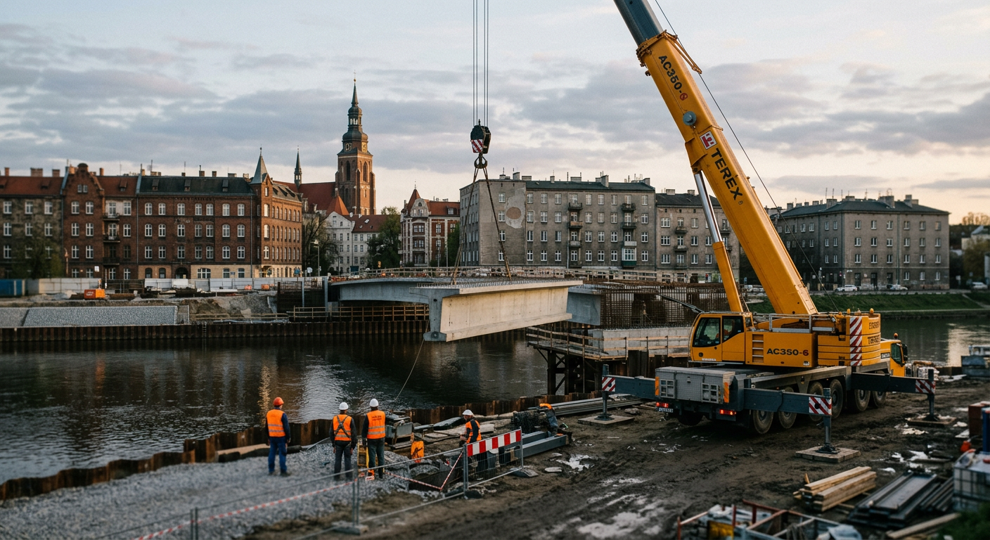A large mobile crane is shown in an industrial setting, lifting a heavy load against a clear sky.
