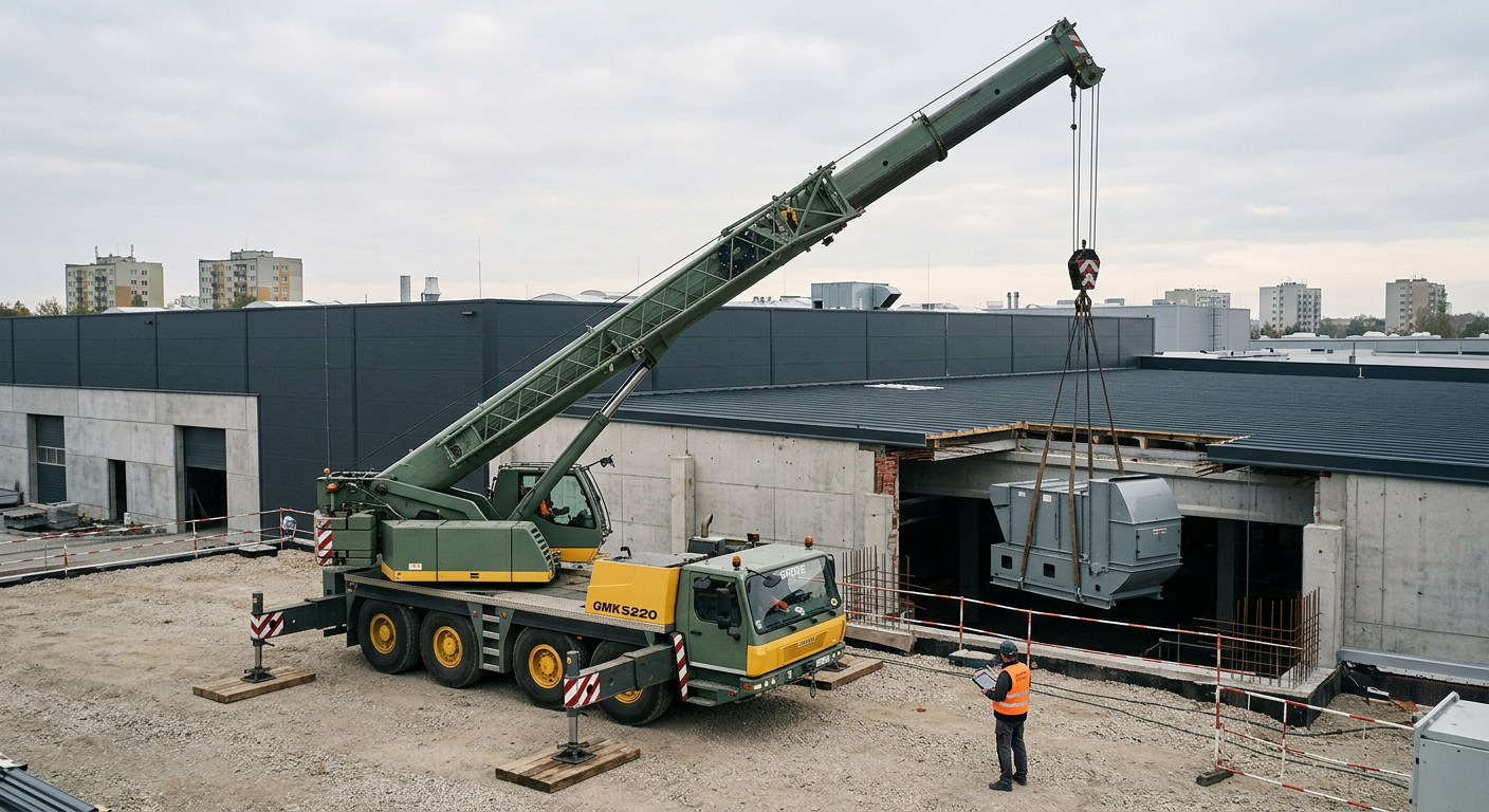 A large mobile crane is shown in an industrial setting, lifting a heavy load against a clear sky.