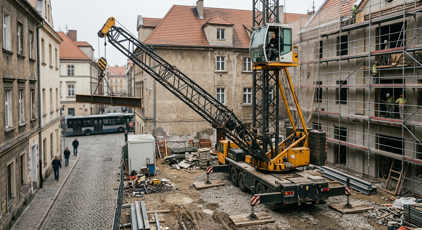 A large mobile crane is shown in an industrial setting, lifting a heavy load against a clear sky.
